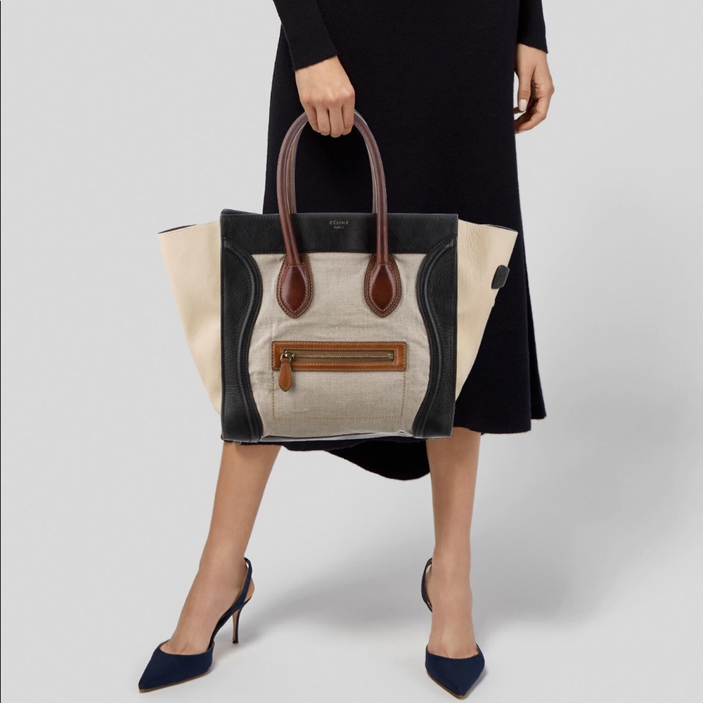 Auth Celine Calfskin Canvas Mini Tricolor Tri-Color Luggage Tote Bag - Picture 3 of 15